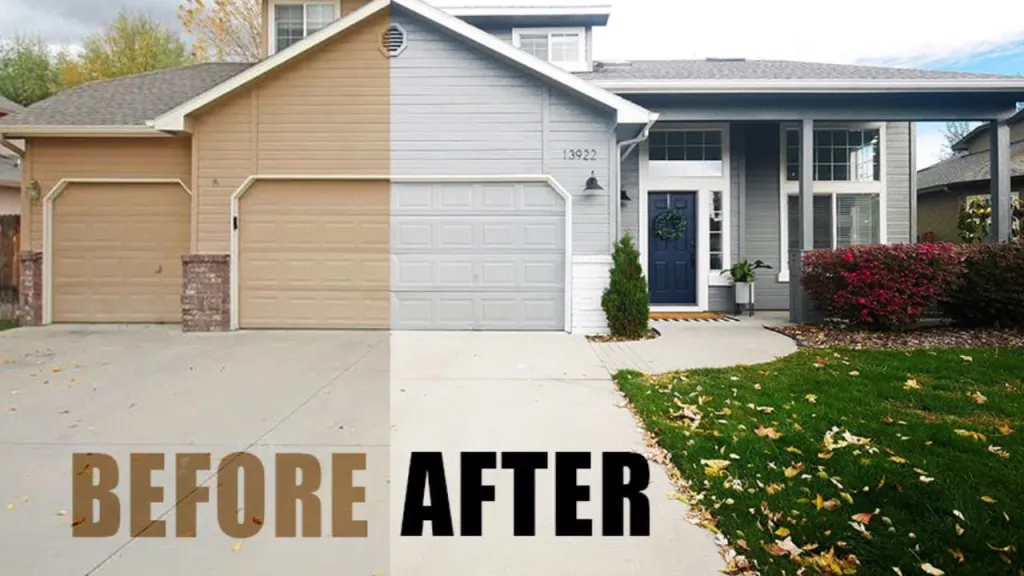 Before and after: house exterior with a double garage, half in the old beige colour and half repainted grey