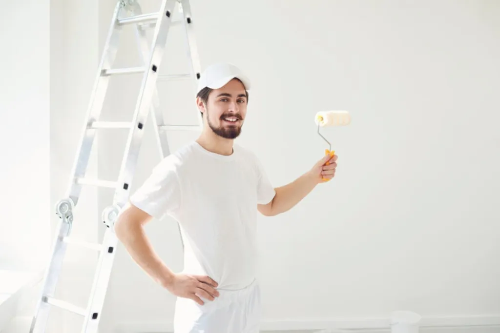 Painter with a roller and ladder in a freshly painted white room